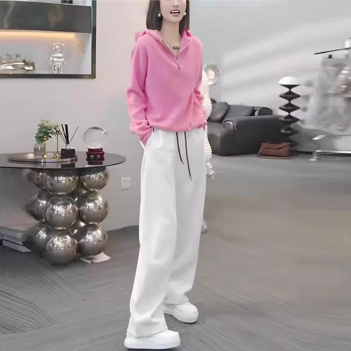 拉夏贝尔粉色套装女2025新款洋气减龄卫衣阔腿裤春秋季穿搭一整套