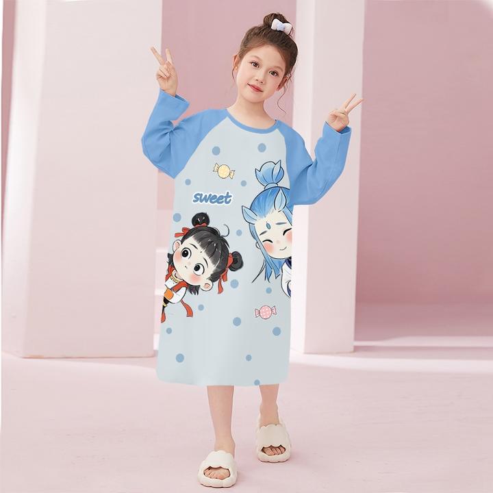 伊束姿女童睡裙春秋季新款纯棉睡衣敖丙哪吒女孩中大童居家连衣裙