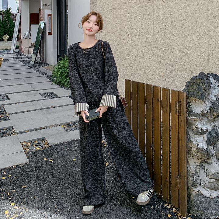 穿搭一整套女2025年秋季新款圆领上衣阔腿裤两件套小香风休闲套装