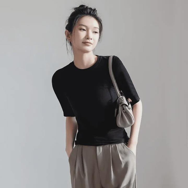 拉夏贝尔显瘦半高领中袖t恤女春秋2024新款修身黑色打底衫秋冬内