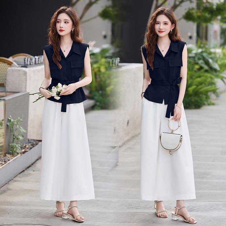 法式翻领无袖衬衫女2025夏季新款设计感显瘦上衣小衫阔腿裤两件套