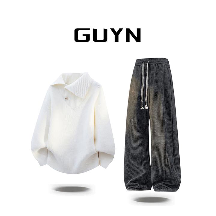 【品牌正品现货】GUYN美式简约翻领毛衣男秋冬季百搭休闲时尚针织衫