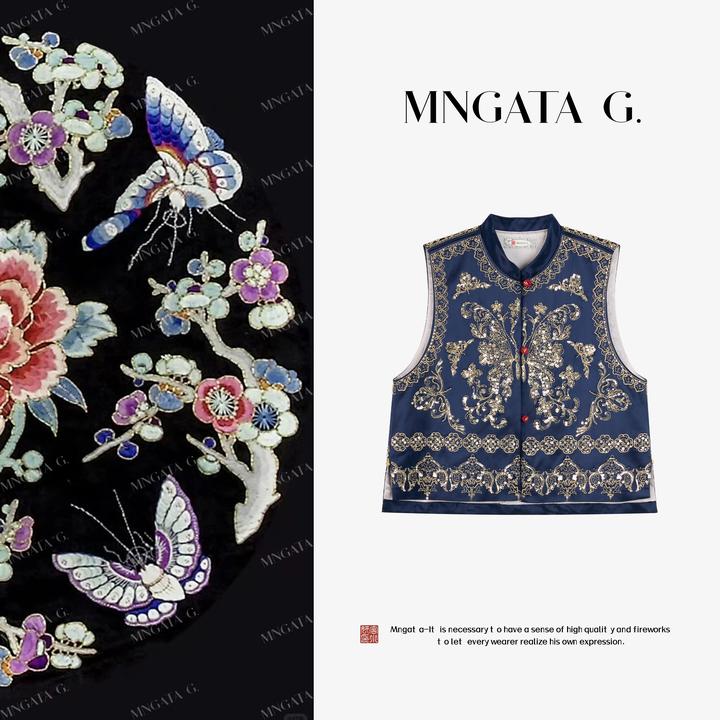 MNGATA G.宫小妍【盘金绣·蝶舞金辉】醋酸秋冬珠片绣马甲5070457