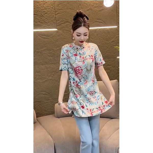 欧货新款洋气炸街新中式国风提花晕染盘扣气质短袖上衣轻奢减龄