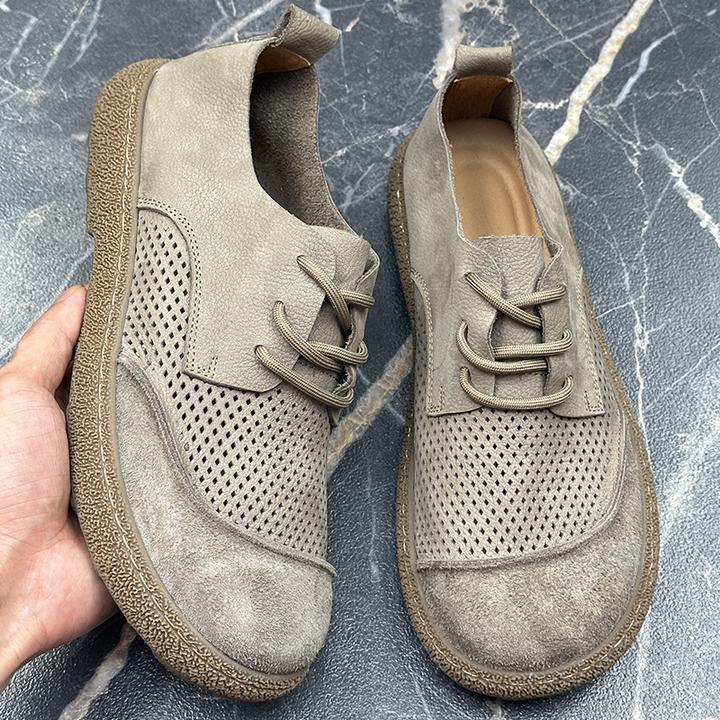 宽头工装鞋复古镂空2025夏季新款打孔透气软底头层牛皮休闲皮鞋男