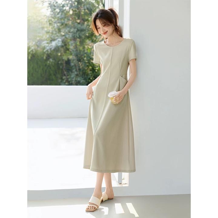 气质休闲白月光腰部打褶显瘦连衣裙2025春季新款连衣裙女法式