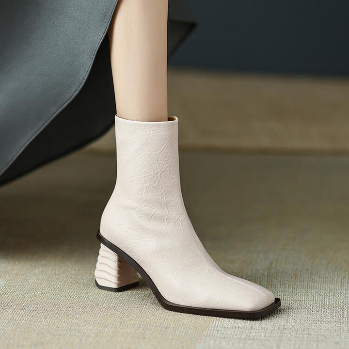 6.5cm~高级感粗跟短靴2025秋冬新款复古方头高跟气质真皮短筒女鞋