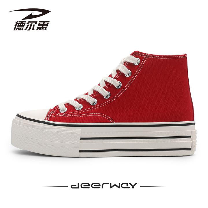 德尔惠厚底高帮帆布鞋女2025新款内增高运动板鞋百搭小众休闲女鞋