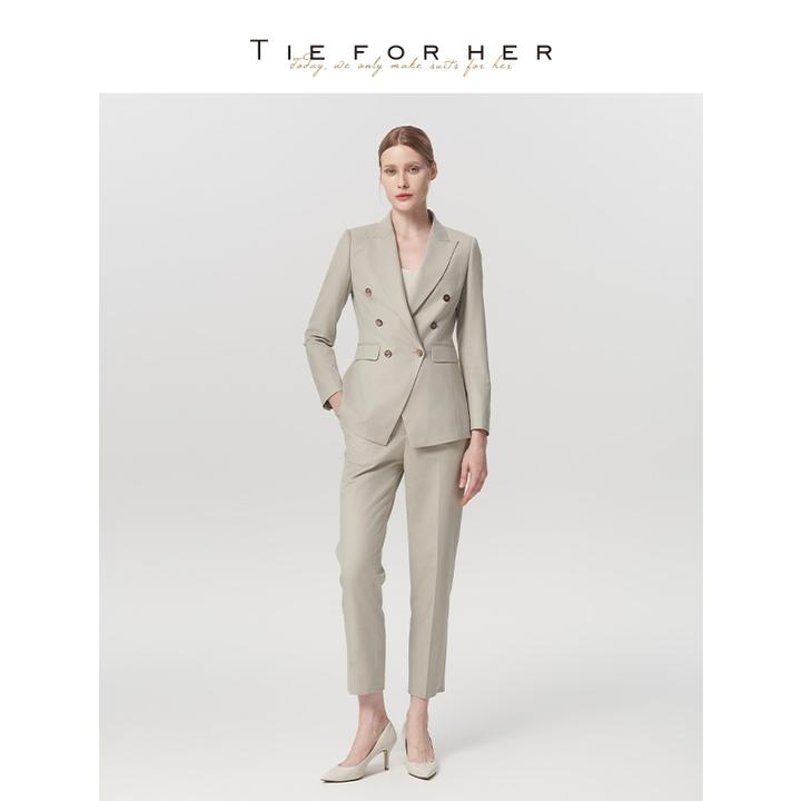 TieForHer 燕麦色双排扣修身职场精致通勤女士高端西服九分裤套装