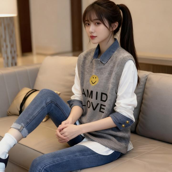 秋冬时尚减龄宽松无袖针织字母拼接马甲+牛仔拼色衬衫休闲两件套