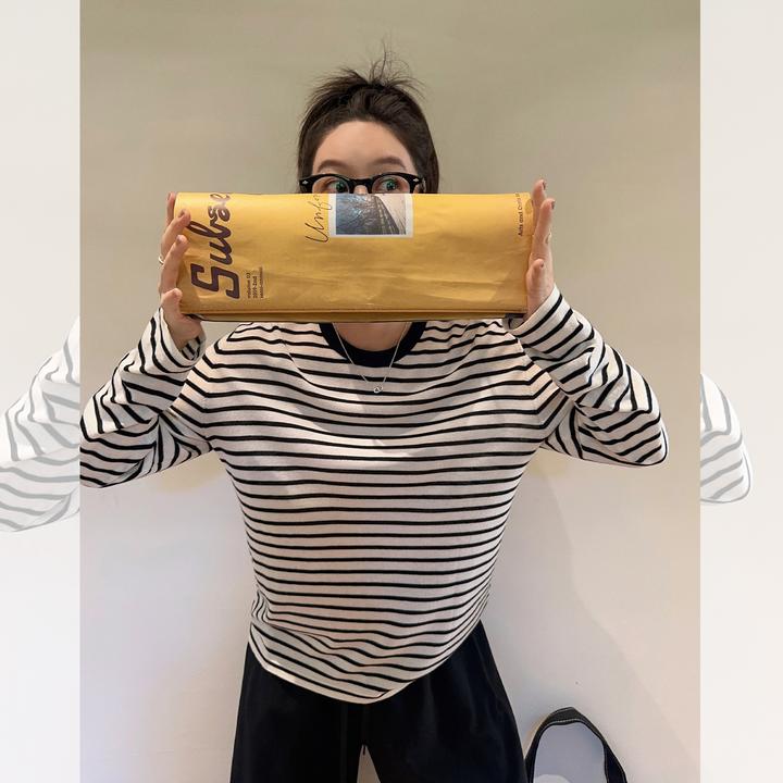莉贝琳sisy条纹针织衫圆领撞色宽松显瘦慵懒休闲长袖S25308SW03