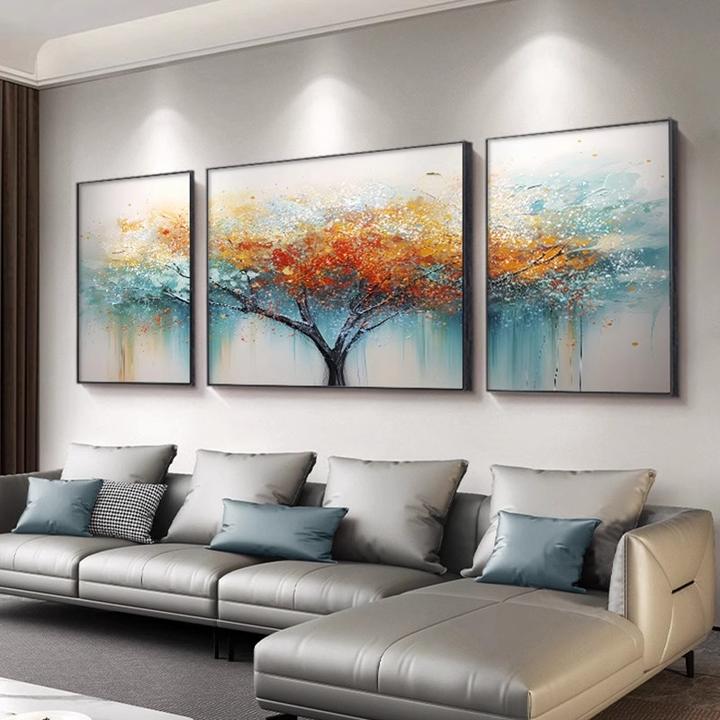 新款发财树客厅装饰画现代简约沙发背景墙壁画轻奢招财三联画