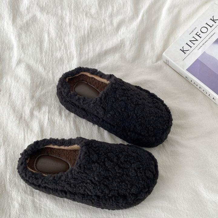 喜叔厚底包头黑色毛毛拖鞋女款秋冬外穿保暖加绒一脚蹬防滑棉拖鞋