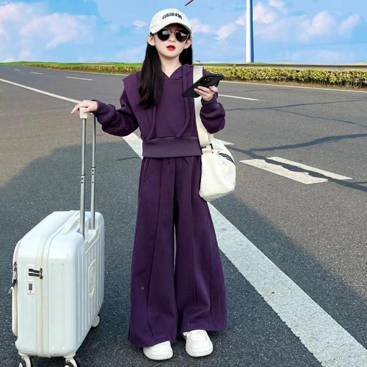 女童秋装卫衣套装2024新款大童洋气纯色休闲运动服儿童春秋两件套