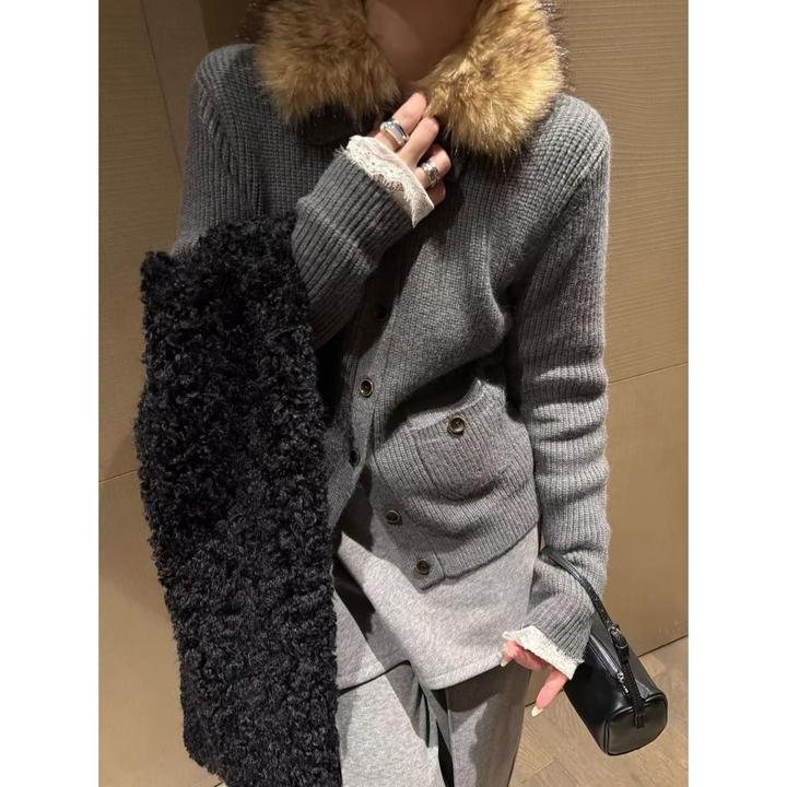 SP【英伦游子】可拆卸毛领排扣针织开衫女秋冬温柔显瘦毛衣外套