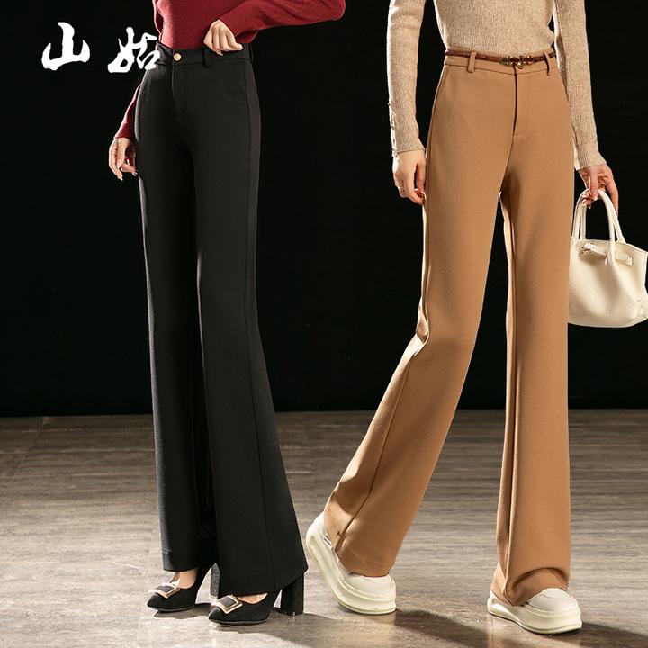 冬季弹力加厚微喇裤桑蚕丝高腰不粘毛喇叭裤新款骆驼绒休闲裤