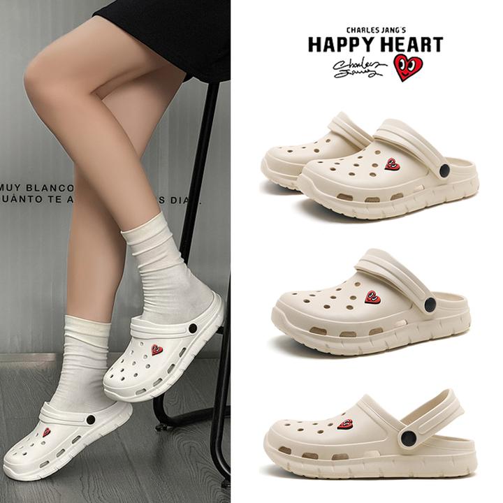查尔斯桃心洞洞鞋女士2025户外圆头耐磨外穿情侣款简约包头拖鞋