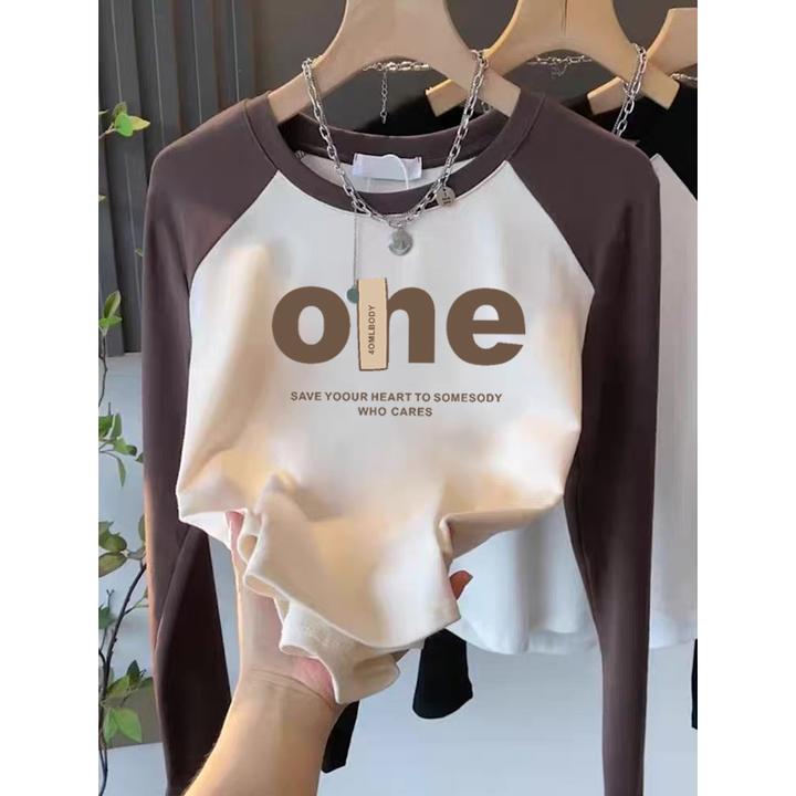 2025新款德绒小众撞色圆领正肩长袖t恤女时尚百搭加厚磨毛打底衫