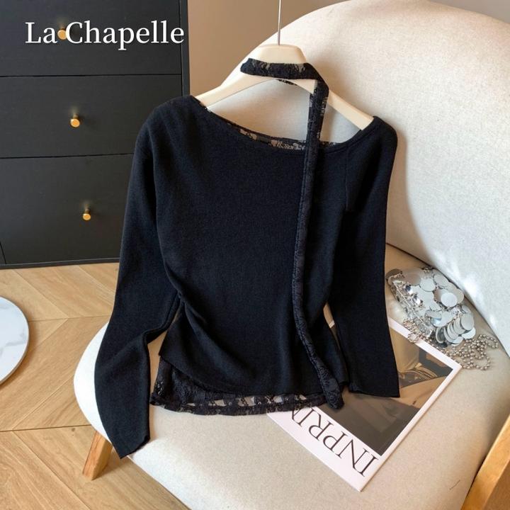 拉夏贝尔秋冬法式纯欲风蕾丝拼接长袖女新款辣妹纯欲露肩打底衫