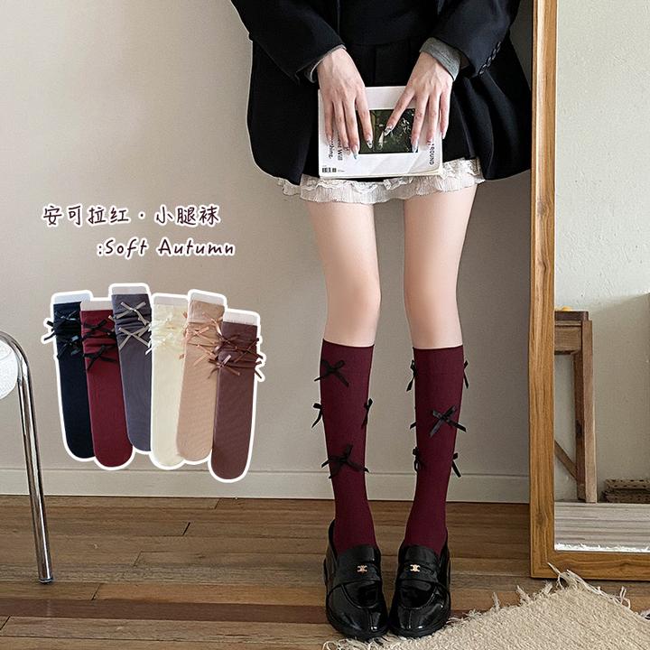 芭蕾风小腿袜子女春秋天鹅绒及膝长筒蝴蝶结洛丽塔安可拉红压力袜