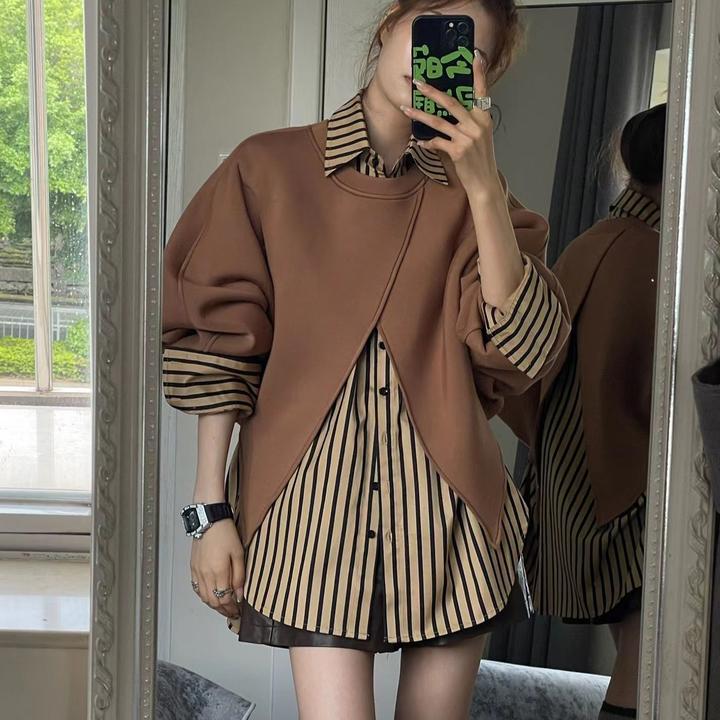 慵懒风通勤时尚套装秋季新款气质休闲咖色条纹衬衫+咖色卫衣外搭