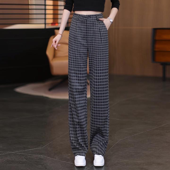格子阔腿裤女秋季2025新款高腰垂感宽松显瘦复古窄版直筒休闲裤子