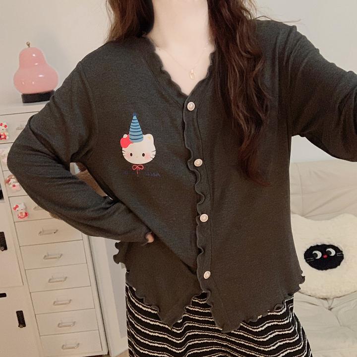 【带胸垫】条纹KT猫睡衣女2025新款春秋季亲肤棉长袖韩系家居服套装