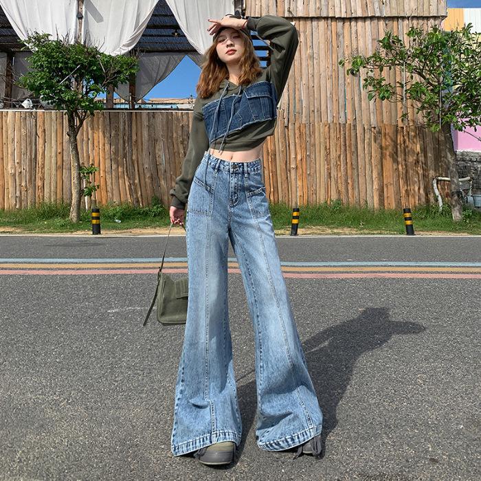 美式高腰阔腿牛仔裤女秋冬季新款宽松显瘦慵懒垂感大喇叭拖地裤子