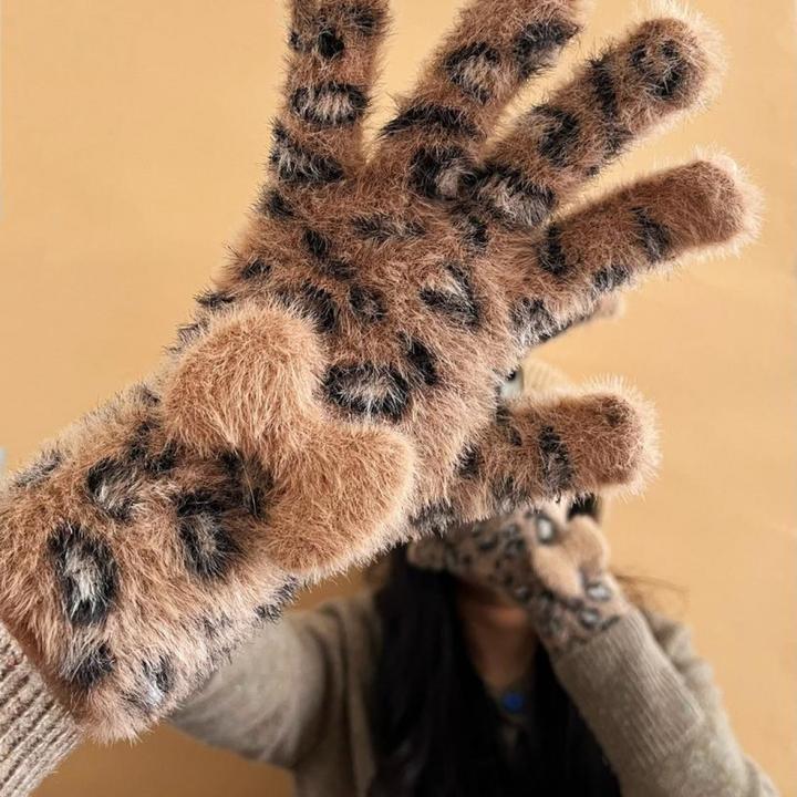 豹纹毛绒针织毛线手套女冬季可触屏露指保暖防寒骑行五指分指学生