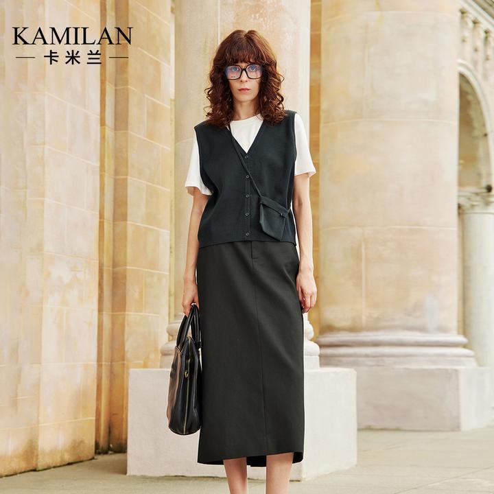 卡米兰高腰开叉黑色半身裙长款女2025秋季新款小个子巨好看的裙子