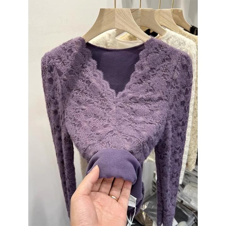 紫色V领蕾丝打底衫女春秋2025新款洋气内搭加绒加厚磨毛长袖上衣