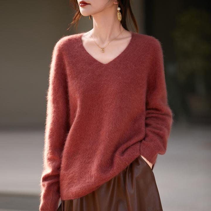 拉绒款2025秋冬新款v领慵懒风羊毛衫女宽松显瘦羊绒毛衣打底衫女