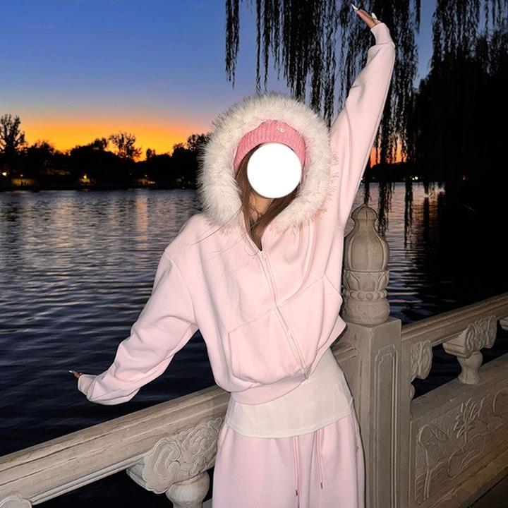 2025新款秋冬孕妇装慵懒毛领加绒拉链连帽外套+休闲弯刀卫裤套装