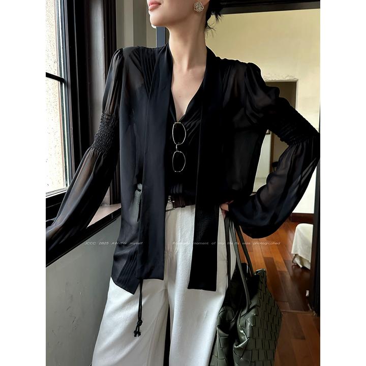JCCC影子【午夜法典】黑色气质雪纺法式长袖衬衫JE5OST10