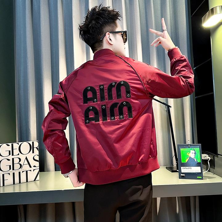 网红酒红色夹克男士春秋款2025新款爆款棒球领外套男装休闲上衣服