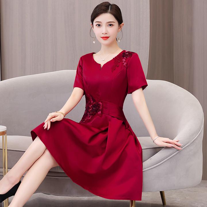 喜婆婆女装连衣裙夏季婚宴晚礼服裙年轻妈妈高贵显瘦红色气质裙子