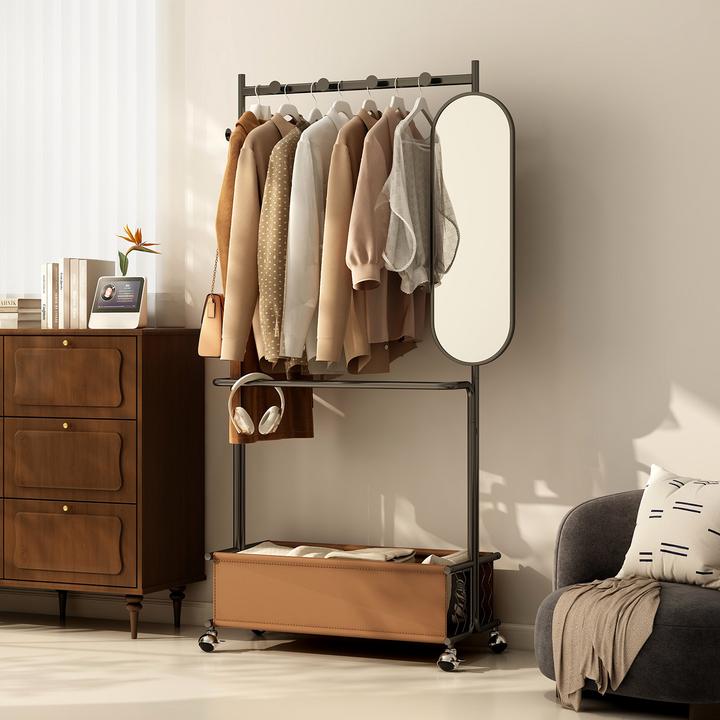 衣帽架带镜子挂衣架落地卧室衣帽架家用移动现代简约脏衣篓挂衣服