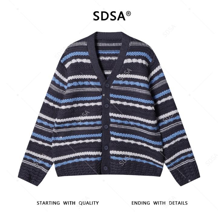 SDSA男士秋冬新款痞帅男装潮牌撞色条纹针织衫纽扣开衫V领毛衣潮