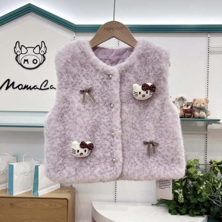 MOMOCO女童冬季时尚可爱保暖卡通猫咪毛毛夹棉马甲77830132003