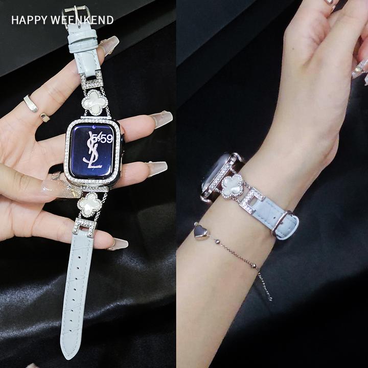 柔软真皮春夏四叶草表带鳄鱼纹适用applewatch苹果手表Se891011代
