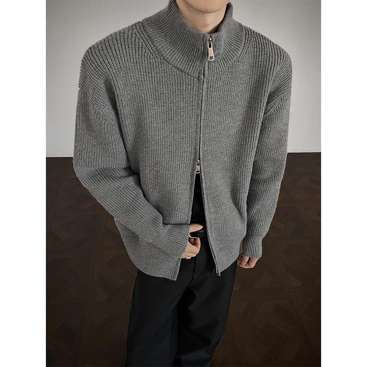 浅灰色美式复古拉链开衫毛衣男女正肩针织衫春秋季内搭修身打底衫