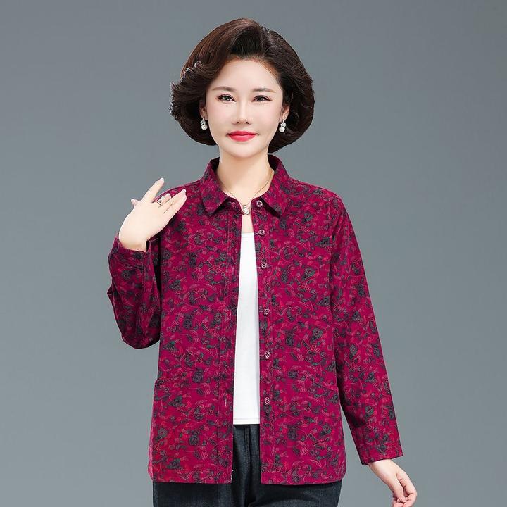 中年女士全棉衬衫长袖秋装宽松衬衣妈妈灯芯绒纯棉条绒开衫上衣