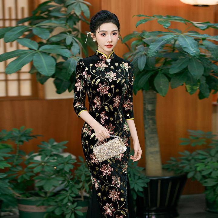 2025新款旗袍高端大气上档次舞台走秀演出服合唱团亮片黑色鱼尾裙