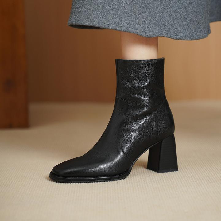 头层牛皮~7cm粗跟高跟英伦风复古百搭时尚秋冬季新款方头瘦瘦靴子