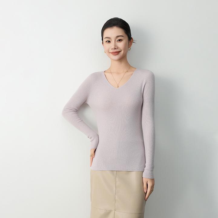 秋冬精纺100%羊毛衫女V领修身纯色打底衫时尚套头无缝上衣QD1643