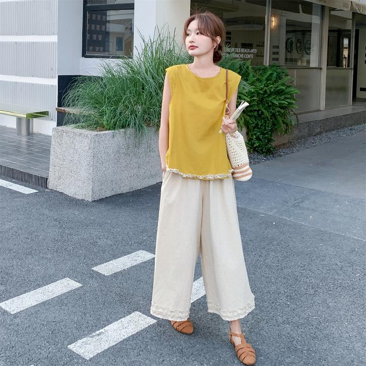 夏装搭配一整套今年流行气质高级黄色无袖上衣宽松显瘦阔腿裤套装