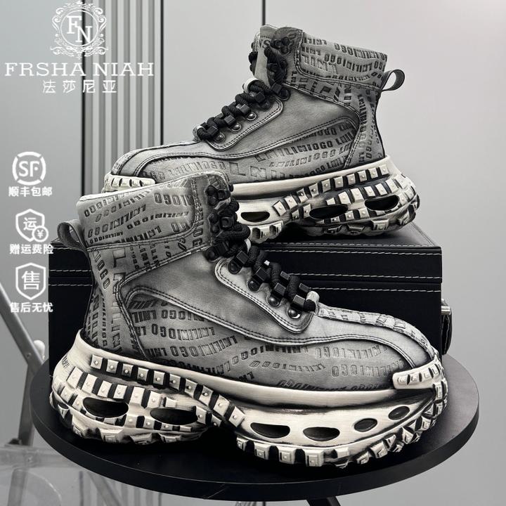 法莎尼亚厚底高帮鞋男秋季新款超火内增高马丁靴复古厚底高帮男鞋