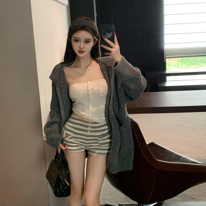 慵懒风拉链连帽毛针织衫小个子显瘦百搭设计感宽松针织外套女