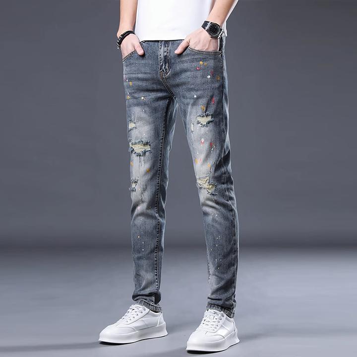 Leekody香港秋季高端泼墨破洞潮流牛仔裤男修身小脚百搭休闲长裤