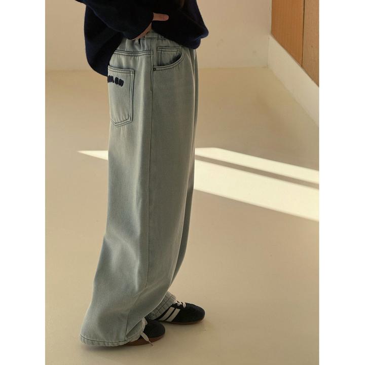 K30418孙小美毛巾绣女童加绒弯刀牛仔裤儿童宽松直筒裤秋冬装新款